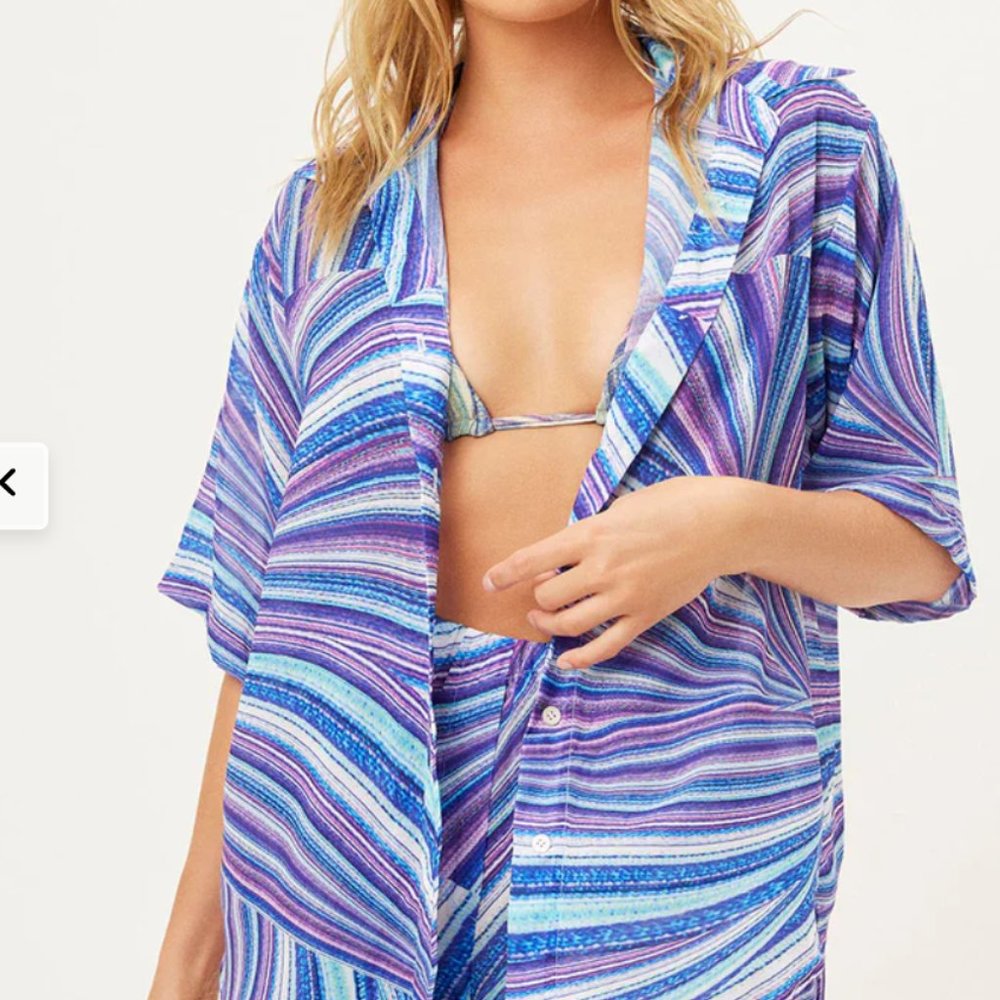 Frankie’s Bikinis Fifi Set in Blue/Purple Silk Shorts and Button Down Top